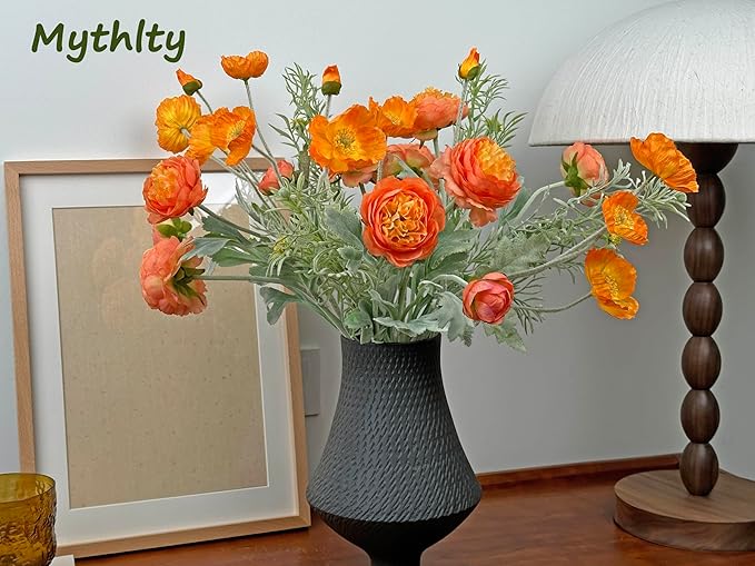 Set of 6 Poppies Flowers Artificial Silk Flowers with Long Stems Faux Wildflowers Bouquet for Vases Oil Pastel Style for Wedding Party Indoor Home Office Decor (Orange)