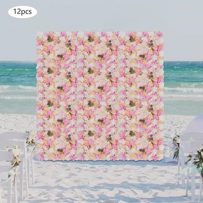 12pcs 24" x 16" Artificial Flower Wall Panel Background,3D Pink Champagne Silk Eucalyptus Rose Flowers Wall Backdrop for Wedding Party Event Photo Backdrop Wall Decor (Type 2)