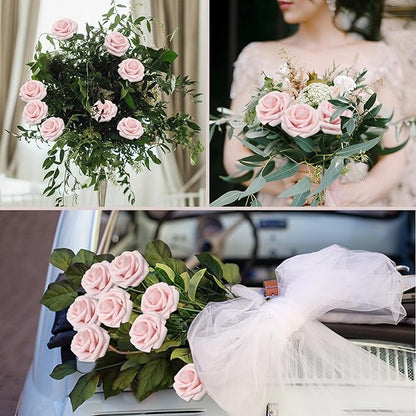 Artificial Flowers Blush Roses 100PCS Real Looking Foam Fake Roses with Leaves and for DIY Wedding Bouquets Bridal Shower Centerpieces Party Decorations (Light Pink, 100)