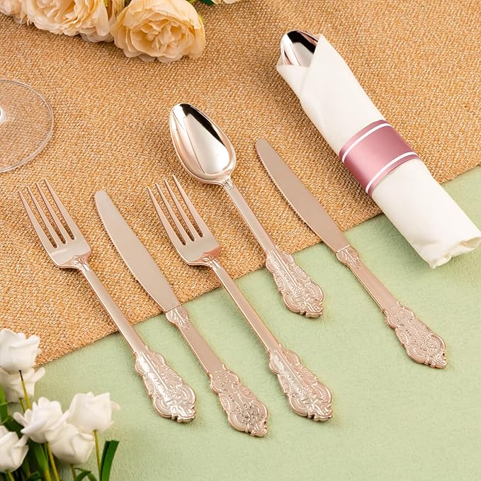 75PCS Rose Gold Plastic Silverware for 25 Guests, Heavy Duty Rose Gold Disposable Utensils Sets, Includes 25 Forks, 25 Spoons, 25 Knives, Elegant Cutlery Perfect for Wedding or Party
