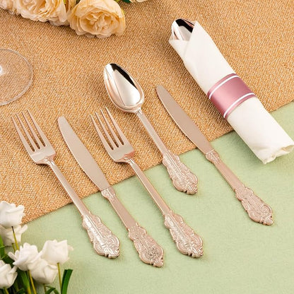 75PCS Rose Gold Plastic Silverware for 25 Guests, Heavy Duty Rose Gold Disposable Utensils Sets, Includes 25 Forks, 25 Spoons, 25 Knives, Elegant Cutlery Perfect for Wedding or Party