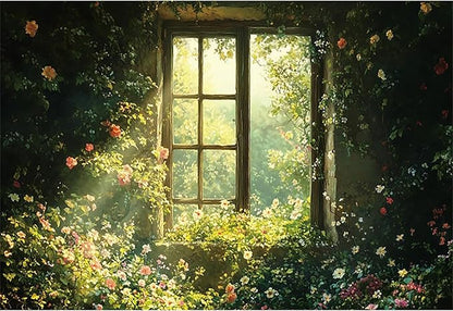 Baocicco 20x10ft Spring Window Photography Backdrops Sunshine Oil Painting Flowers Background Cloth for Marriage Valentines Mothers Day Engagement Party Decoration Photo Props Background Supplies