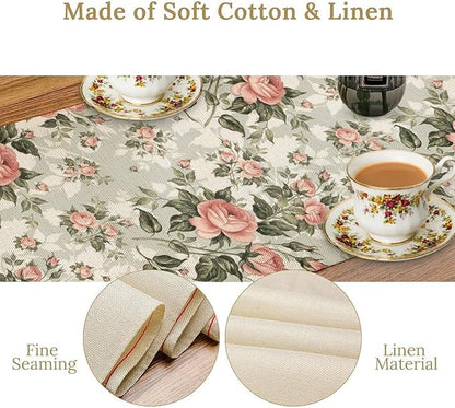 Rose Floral Table Runner, Green Pink Rose Leaf Classic Vintage Decorative Table Runner for Kitchen Dining Party Wedding Home Decor, 13x90 Inch
