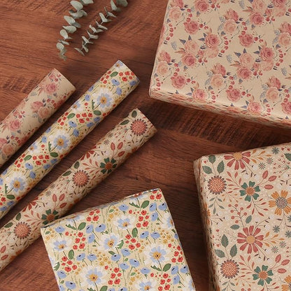 Aimyoo Floral Kraft Wrapping Paper Roll, All Occasion Vintage Flower Gift Wrap for Wedding Birthday Bridal Shower, 17 inch x 10 ft
