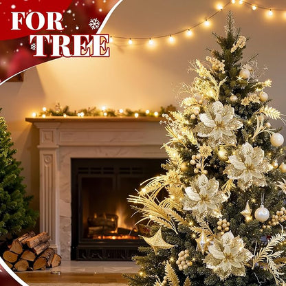 Yerliker 108 Pcs Gold Glitter Christmas Picks and Sprays, 12 Styles Artificial Christmas Floral Berry Branches Flowers Stems for Xmas Tree Ornaments Wreath Garland DIY Vase Holiday Party Decor
