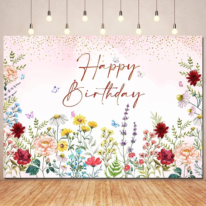 Wildflower Happy Birthday Backdrop Banner Girls Floral Birthday Decorations,Spring Watercolor Wildflower Bday Background Women Girls Wild Flowers Theme 1st Birthday Party Decor Photo Booth Props 5x3ft