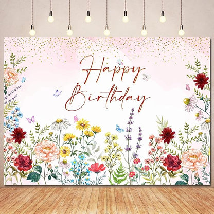 Wildflower Happy Birthday Backdrop Banner Girls Floral Birthday Decorations,Spring Watercolor Wild Flower Bday Background Women Girls Wildflower Theme 1st Birthday Party Decor Photo Booth Props 10x7ft
