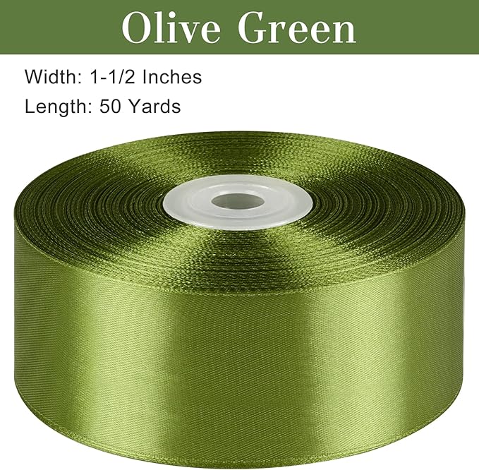 1-1/2 Inches 50 Yards Olive Green Satin Ribbon, Solid Fabric Ribbon Roll for Flower Bouquets, Gift Wrapping, Wedding, Handmade Crafts
