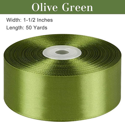 1-1/2 Inches 50 Yards Olive Green Satin Ribbon, Solid Fabric Ribbon Roll for Flower Bouquets, Gift Wrapping, Wedding, Handmade Crafts