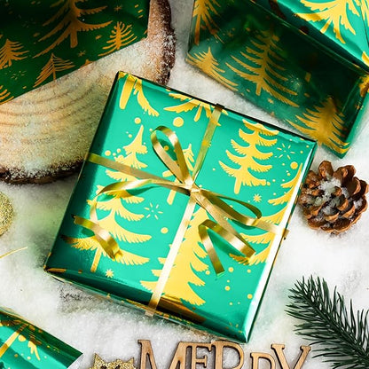 MAYPLUSS Vintage Green Christmas Wrapping Paper Roll - 17 Inch X 33 Feet - Metallic Gold Foil Christmas Tree On Green Flat Wrap Paper Sheet for Holiday, Winter, Party, DIY Crafts & Festive Decoration