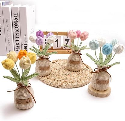Crocheted Tulips, Hand-Woven Potted Plants, Permanent Tulips, Used for Creative DIY Table Decoration, Birthday Gift ，Graduation Ceremony, Christmas and Thanksgiving (5 Flowers-Blue)