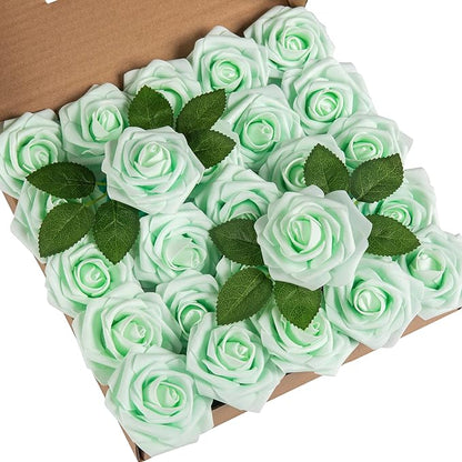 DuHouse 25Pcs Artificial Roses Flowers Fake Roses with Stems Real Touch Foam Flowers for DIY Wedding Bouquet Baby Shower Centerpiece Floral Arrangement Party Home Decor(Mint Green)