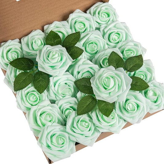 DuHouse 25Pcs Artificial Roses Flowers Fake Roses with Stems Real Touch Foam Flowers for DIY Wedding Bouquet Baby Shower Centerpiece Floral Arrangement Party Home Decor(Mint Green)