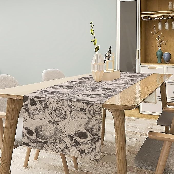 Gothic Table Runner,White Skull Floral Print Table Runner for Home Kitchen Table Dining Garden Farmhouse Wedding Party Decor 13x60 Inch