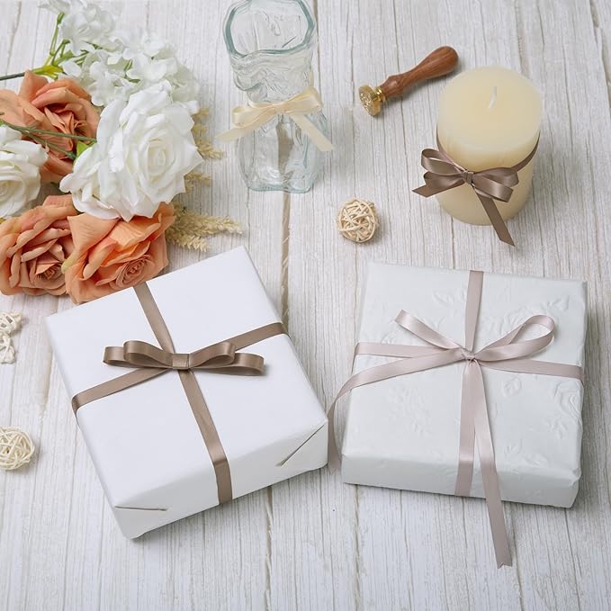 Champagne Double Face Satin Ribbon 3/8 Inch x 45 Yards Ivory Fabric Ribbon for Gift Wrapping, Flower Bouquets, Hair Bows Making, Wedding Decoration, Invitation Cards, Christmas (3 Rolls *15Yd)