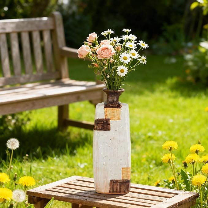 Ceramic Flower Vase Home Decor-8" Tall Vase for Centerpieces,Large Decorative Terracotta Vases, Farmhouse Rustic Pottery Vase for Home Decor Living Room, Table,Shelf or Mantel(Square)