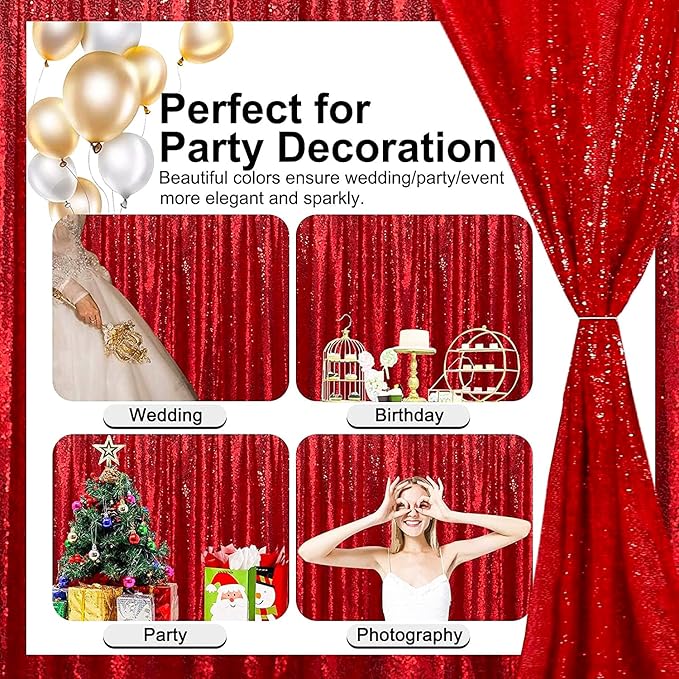 Red Sequin Curtain 8FTx8FT 1 Panel Glitter Metal Background Drape Shimmer Wall Backdrop Curtain for Parties Photography Weddings Showers Christms Festivals