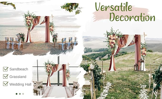 Wedding Arch Flowers with Drapes Kit (Pack of 5) - 2pcs Artificial Sunset Terracotta & Burgundy Deluxe Swag with 3pcs Sheer Drapes for Wedding Ceremony Arbor Reception Backdrop Decoration