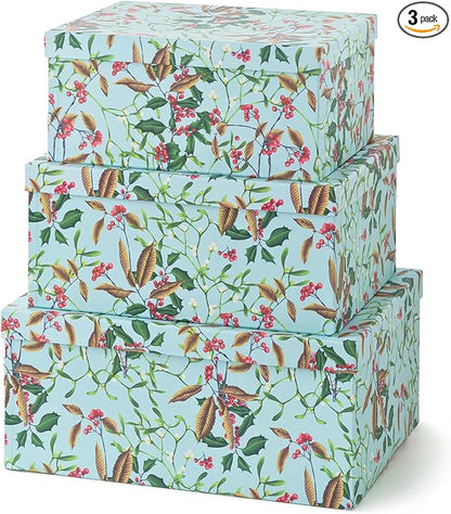 Soul & Lane Winter Berries Cardboard Boxes - Set of 3: Decorative Storage Boxes with Lids, Paper Mache Cardboard Nesting Containers, Christmas Winter Photo Cartons, Stacking Gift Wrap Storage