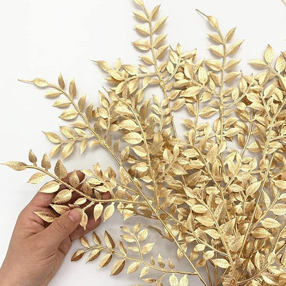 Gold Leaves Decorations for Christmas Artificial Golden Plants Fake Leaf - 17 Inch 5 Pack, Faux Foliage Simulation Flowers Grass Xmas Decor Plant Bushes Indoor Outdoor Wedding Table Centerpiece DIY