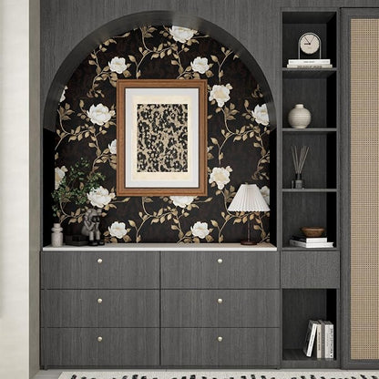 Black Golden Floral Peel and Stick Wallpaper Flowers Contact Paper 17.5"x118" Self Adhesive Waterproof Vintage Dark Floral Wall Paper for Shelf Liner Cabinet Decor