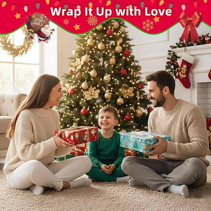 Christmas Wrapping Paper (4 Rolls, 93 sq. ft. ttl): Funny Snowmen, Snowflakes, Reindeer, Bear, Christmas Trees and Santa Claus with Gifts Design for Holiday Gift Wrap- 17 Inches x 16.5 Feet Per Roll