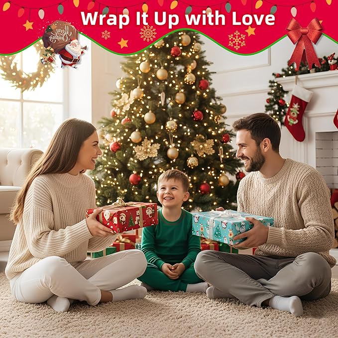 Christmas Wrapping Paper (4 Rolls, 148 sq. ft. ttl): Funny Snowmen, Snowflakes, Reindeer, Bear, Christmas Trees and Santa Claus with Gifts Design for Holiday Gift Wrap- 30 Inches x 14.8 Feet Per Roll