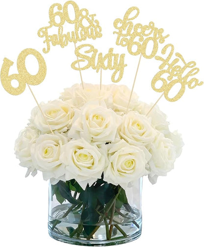 Gyufise 15Pcs 60th Birthday Centerpiece Sticks Sixty Happy 60th Table Flower Centerpieces Sticks Cheers to 60 Floral Decorations for 60th Birthday Party Centerpieces Supplies Gold