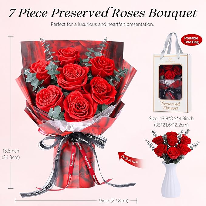 Preserved Flowers Bouquet 7 Roses - Red Real Rose & Flowers for Delivery, Long-Lasting Flower with Gift Box, Eternal Roses Bouquet for Mothers, Mom, Wife, Anniversary Birthday Gifts for Women