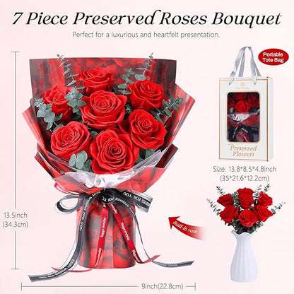 Preserved Flowers Bouquet 7 Roses - Red Real Rose & Flowers for Delivery, Long-Lasting Flower with Gift Box, Eternal Roses Bouquet for Mothers, Mom, Wife, Anniversary Birthday Gifts for Women