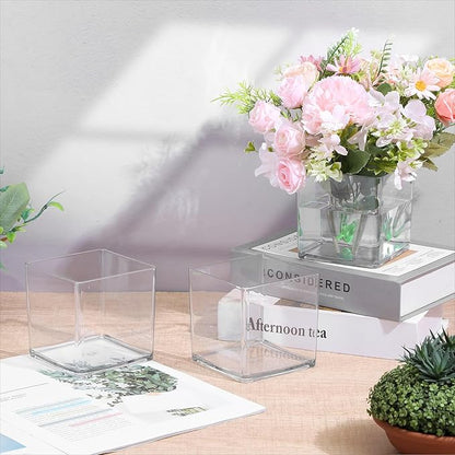 6 Pcs Square Acrylic Vase 4" x 4" Plastic Flower Acrylic Vases for Centerpieces Plastic Vase Cube Bulk Succulent Pots Planter Clear Square Vases for Centerpieces Plant Wedding Home Office Floral Decor