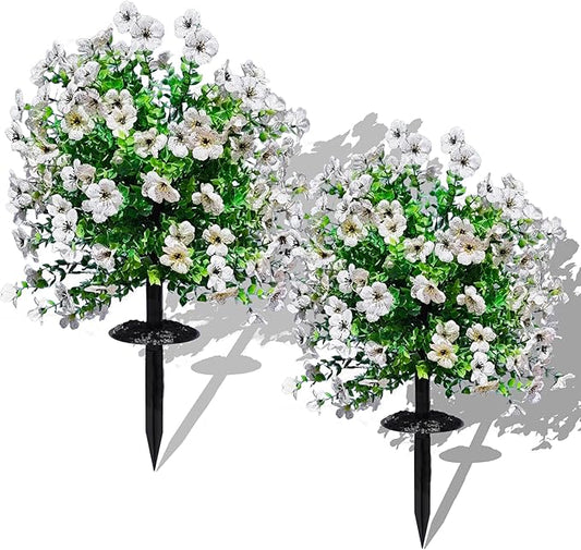 2 Pcs Artificial Boxwood Topiary Ball Trees 23" With Ground Spike, Weather Proof UV Resistant Faux Greenery Shrubs & Bushes for Porch, Garden, Front Yard Decor, Indoor/Outdoor Planters - White