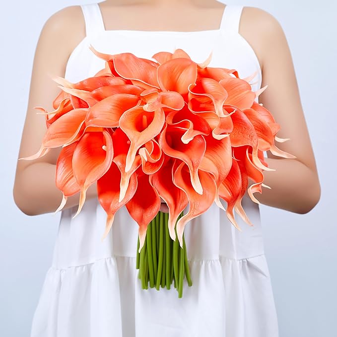 SITUMEIZI 24 PCS Artificial Calla Lily Fake Flowers Silk Flower Real Touch for Home Kitchen Decor Wedding Bouquet Office Decoration(Coral)