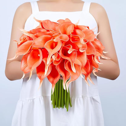 SITUMEIZI 24 PCS Artificial Calla Lily Fake Flowers Silk Flower Real Touch for Home Kitchen Decor Wedding Bouquet Office Decoration(Coral)