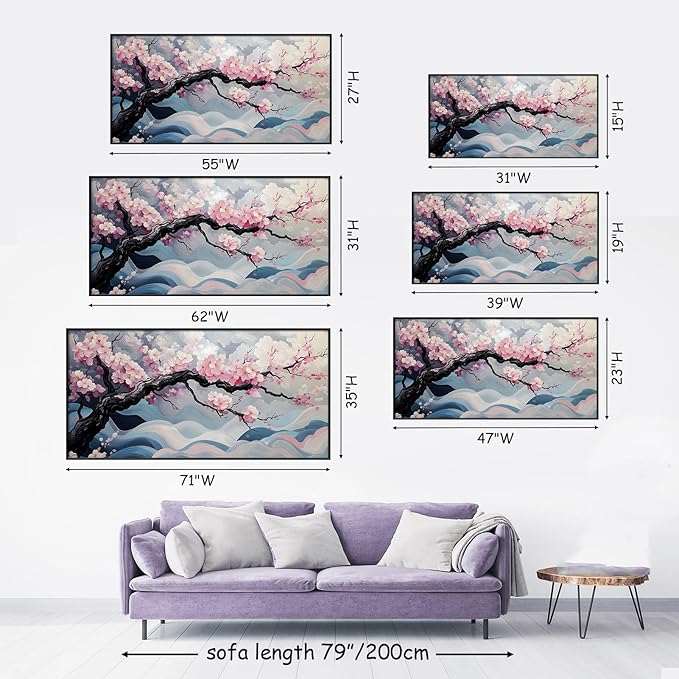 Japanese Cherry Blossom Canvas Wall Art, Sakura Tree Canvas Print, Pink Floral Pictures, Cherry Blossom Tree Wall Art, Flower Branch Decor, Nature Prints for Living Room (Black Framed, 31"x15" | 80x40cm)