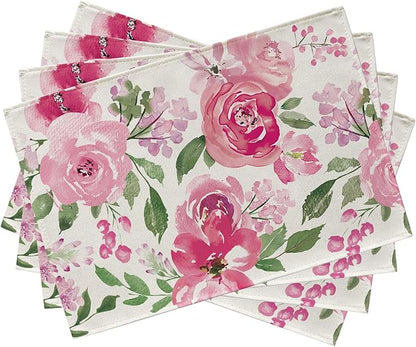 Seliem Spring Summer Watercolor Flower Placemats Set of 4, Pink Peony Floral Dining Table Place Mats, Seasonal Kitchen Decor Home Decoration 12 x 18 Inch