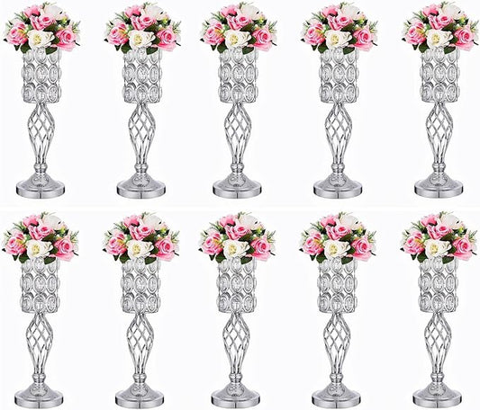 Set of 10 Diamond Crystal Wedding Centerpiece Vases for Tables, 20"/24" Versatile Tall Flower Holders Centerpiece Flower Stands for Wedding Party Reception Dining Room Living Room Décor