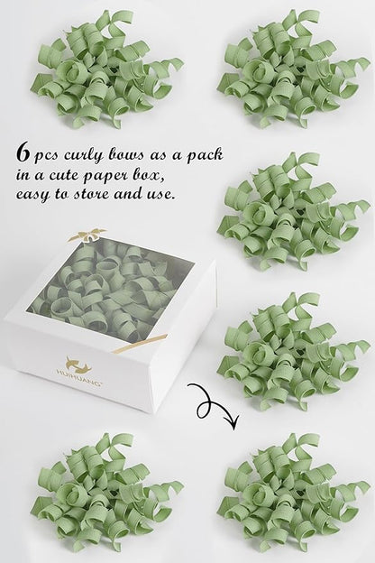 HUIHUANG Sage Green Bows for Gift Wrapping, Sage Curly Ribbon Bows Self Adhesive Burst Gift Bow for Presents, Wine Bottle, Treat Bags, Wrap Accessories, Bridal Shower Wedding Party Favor - 6 Counts