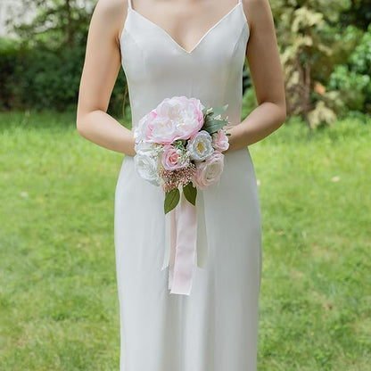 ponatia Blush Pink Wedding Bouquets for Bride Bridesmaid, Ivory Artificial Roses Flowers for Wedding Bouquets Ceremony, Anniversary