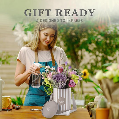Striped Flower Hat Box 2 Pack | Round Flower Boxes for Arrangements | Satin Ribbon Handle & Waterproof Liner | Gift Box for Flowers with Lids