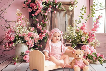 AOTOFO 5x3ft Rustic Wood Floral Backdrop for Baby Shower Newborn Studio Picture Photography Wooden Door Pink Flower Wall Background Wedding Bridal Shower Birthday Party Photoshoot Booth Banner