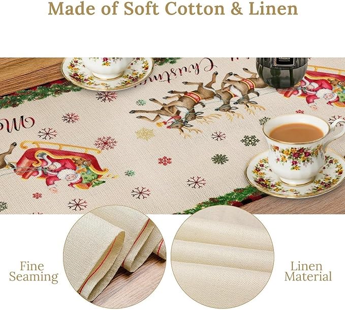 Christmas Table Runner,Xmas Deer Cute Santa Claus Red Plaid Pattern Printed Tablecloth Burlap for Hotel Indoors Outdoor Dining Room Kitchen Home Decor,W13X L60 in