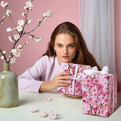 WRAPAHOLIC Floral Wrapping Paper Roll - Mini Roll - 17 Inch x 33 Feet - Sakura Blossom Wrapping Paper for Birthday, Wedding, Bridal Shower, Mother's Day, Valentine's Day