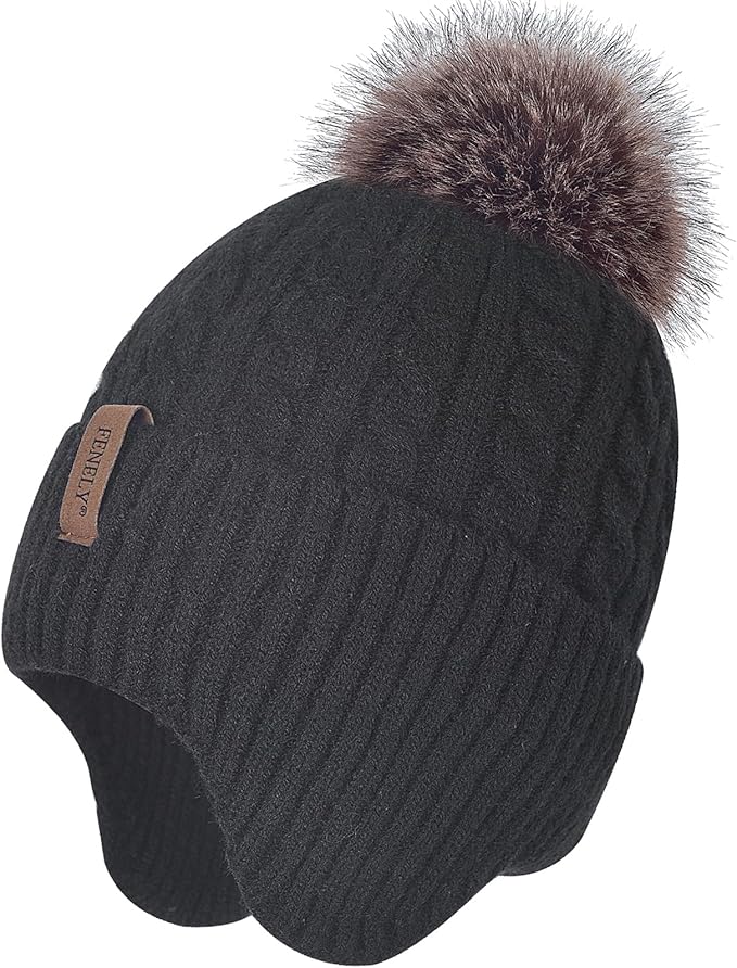 FENELY Women's Knitted Warm Beanie Winter Hat, Warm Chunky Snow Hat with Pompom