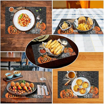 Boo Black Cat Pumpkins Halloween Placemats Gothic Dark Damask Bat Spider Web Dark Forest Funny Pumpkin Placemats Table Kitchen Dining Party 12x18 Inch Set of 4
