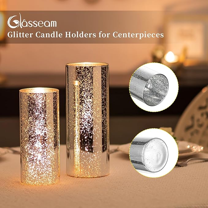 Glasseam Cylinder Vases for Centerpieces Bulk: Set of 24 Silver Mercury Glass Vases for Flowers Floating Candle Vases for Flowers Hurricane Candle Holders for Table Centerpiece Wedding Decor