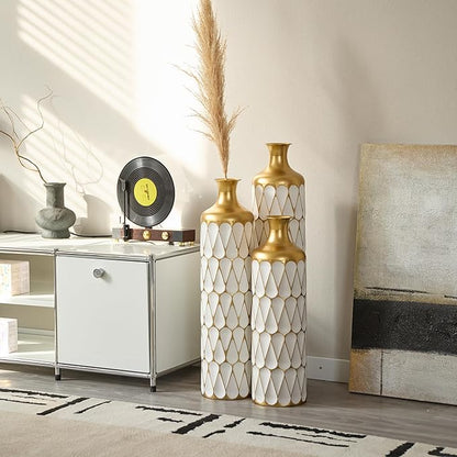 Floor Oversized Gold Metal Decorative Vase with 3D Triangle Pattern Set of 3 Large Vases for Home Living Room 33.5 ", 29.5 ", 25.2" High (Gold+Antique White)