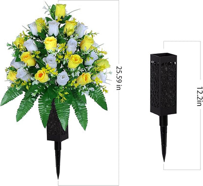 Artificial Cemetery Flowers, Gravesite Decoration Roses, Memorial Bouquets with Cemetery Vase, Vibrant and Long-Lasting Colors (Yellow+White, 2 Bundles)