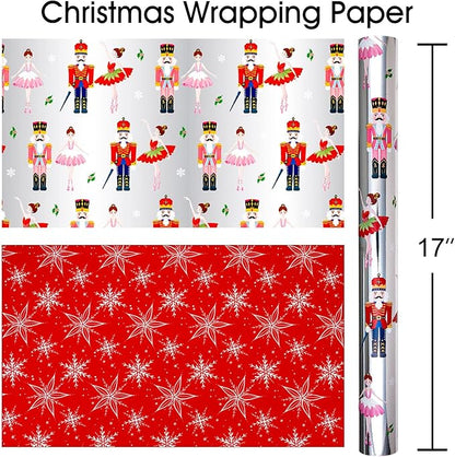 MAYPLUSS Christmas Nutcracker Wrapping Paper - 17 Inch X 33 Feet - Metallic Christmas Gift Wrapping Paper Featuring Holly Cute Ballet Girl Reversible Snowflakes for Holiday Party New Year Kids
