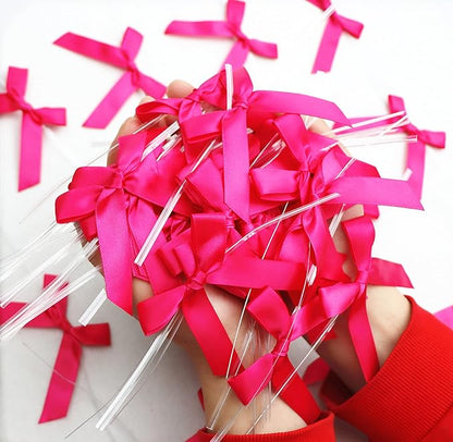 100 PCS 3 Inch Hot Pink Twist Bows for Treat Bags, Satin Twist Tie Bows, Pre Tied Bows with Wire, Ribbon Bows with Twist Ties, Bow Ties for Gift Bags, Popcorn Bags, Cookie Bags, Party Favors